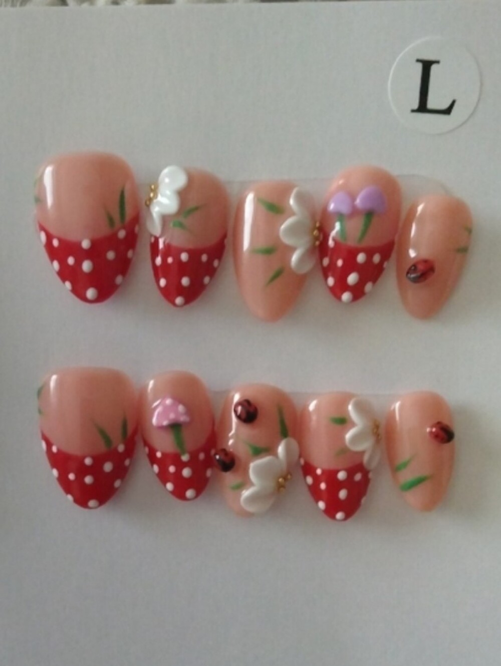 Peach & Red Polka Dot French Floral Size L Press-On Nails 🐞